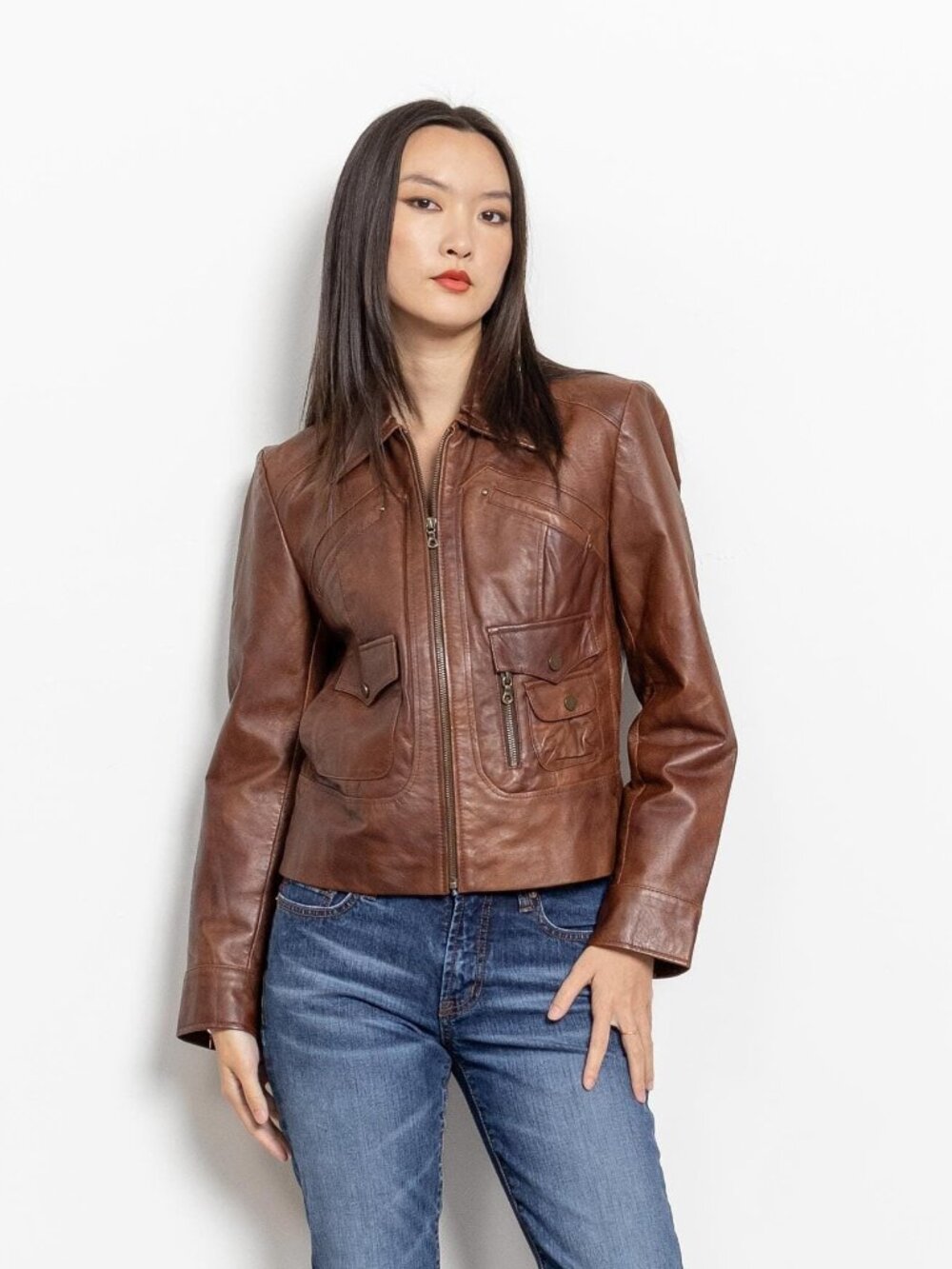 LEATHER MOTORCYCLE JACKET Brown 2000's Vintage Women Small